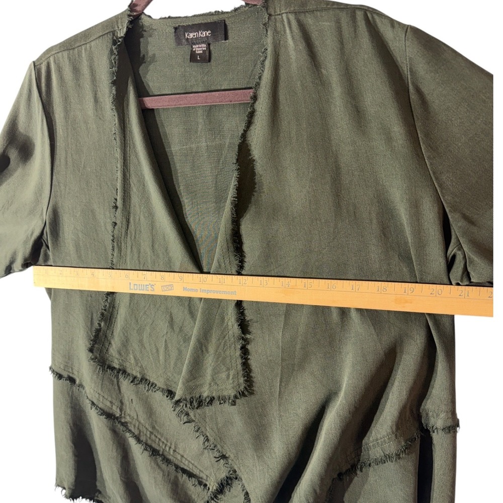 Karen Kane Womens L Olive Tencel Draped Jacket Raw Edge Open Front Made USA - Picture 6 of 9